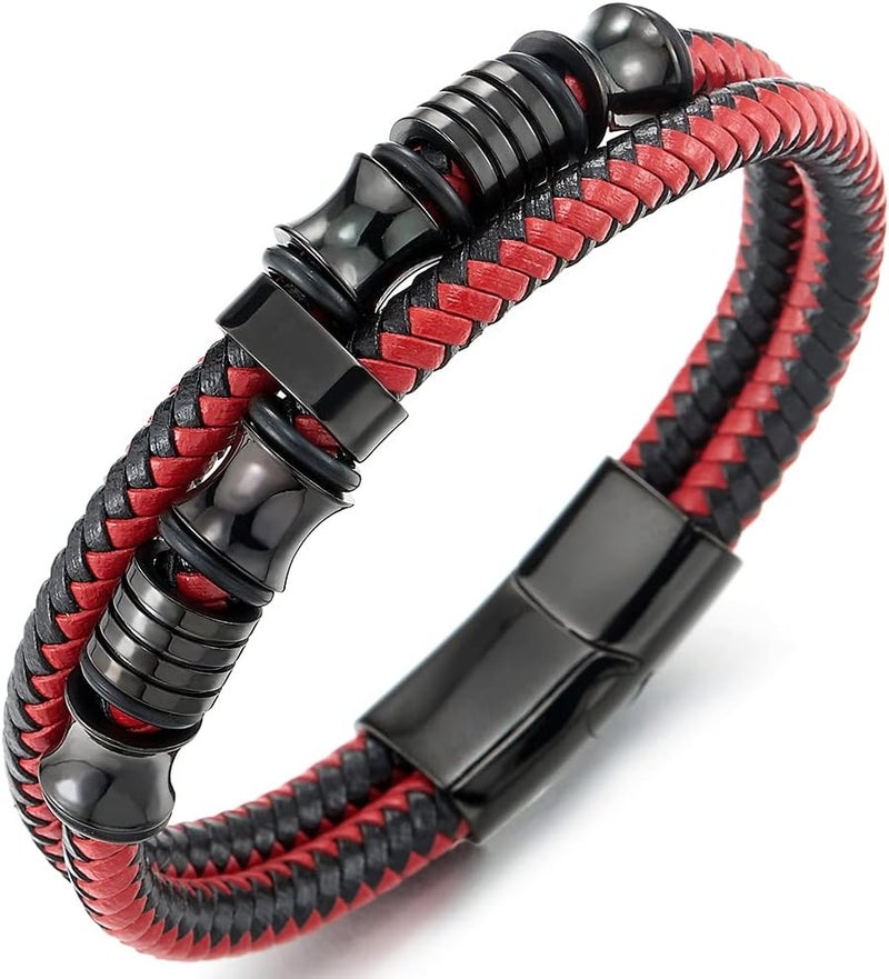 COOLSTEELANDBEYOND Mens Double-Row Braided Leather Bracelet Bangle Wristband with Black Stainless Steel Ornaments - Image 1